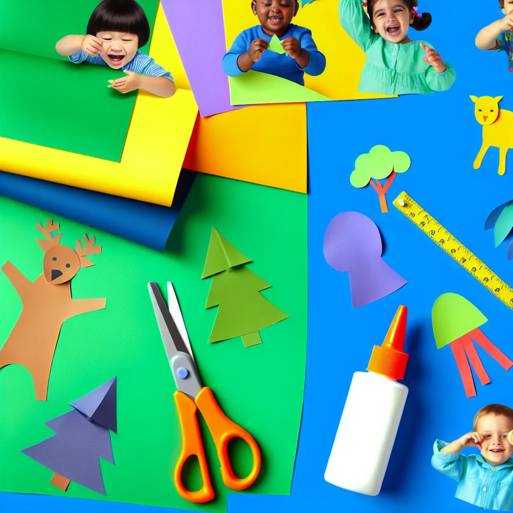 Barevný pracovní stůl připravený na tvoření z papíru pro malé děti