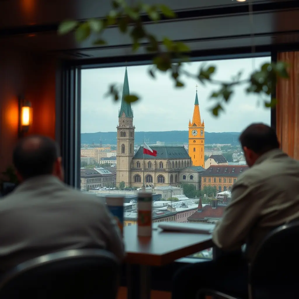 Brigáda Brno – panorama města s mladými lidmi hledajícími práci