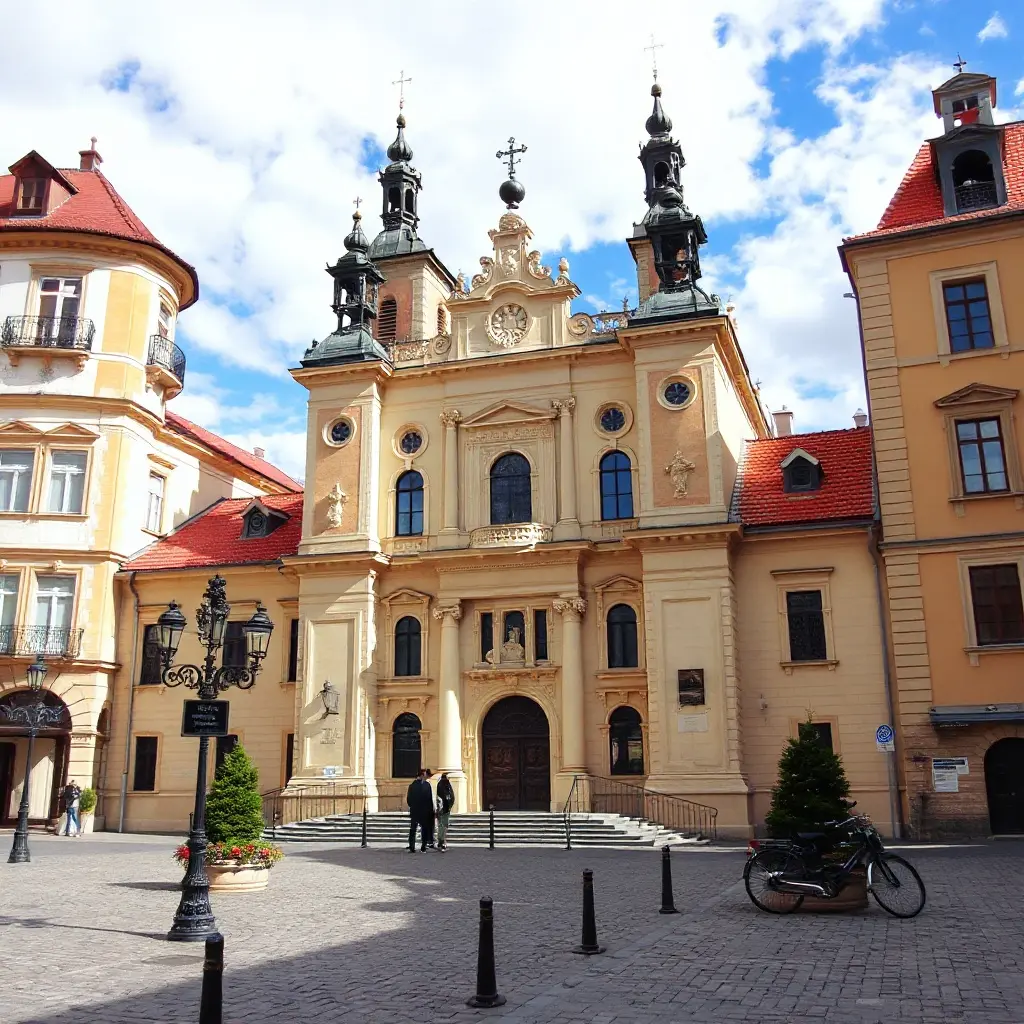 Detailní architektura kostela sv. Ludmily na náměstí Míru