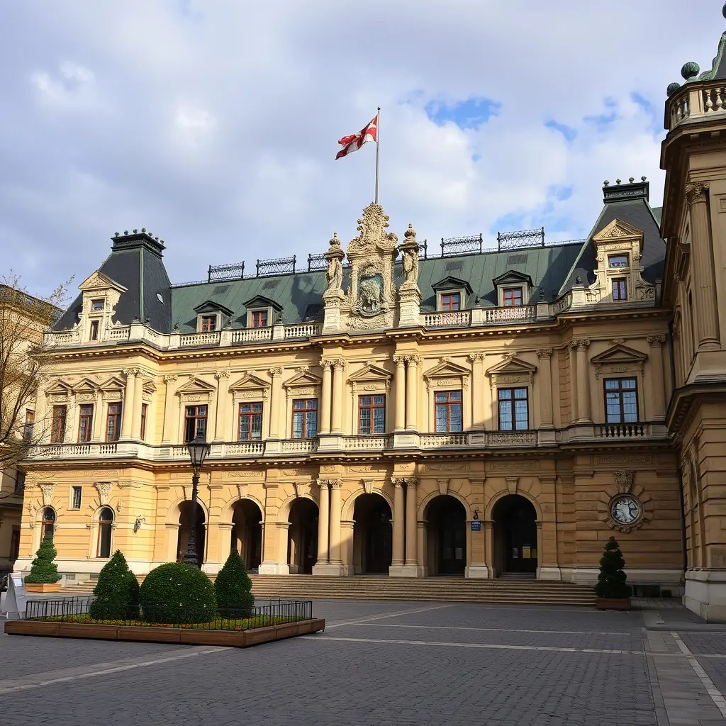 Detailní výzdoba fasády vinohradské radnice – secesní ornamenty a kamenné plastiky