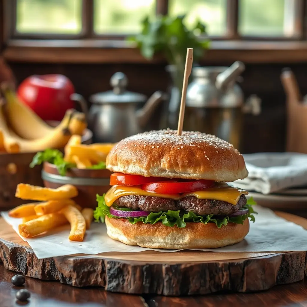Dokonalý domácí burger s hovězí plackou, sýrem a čerstvou zeleninou na dřevěném prkénku