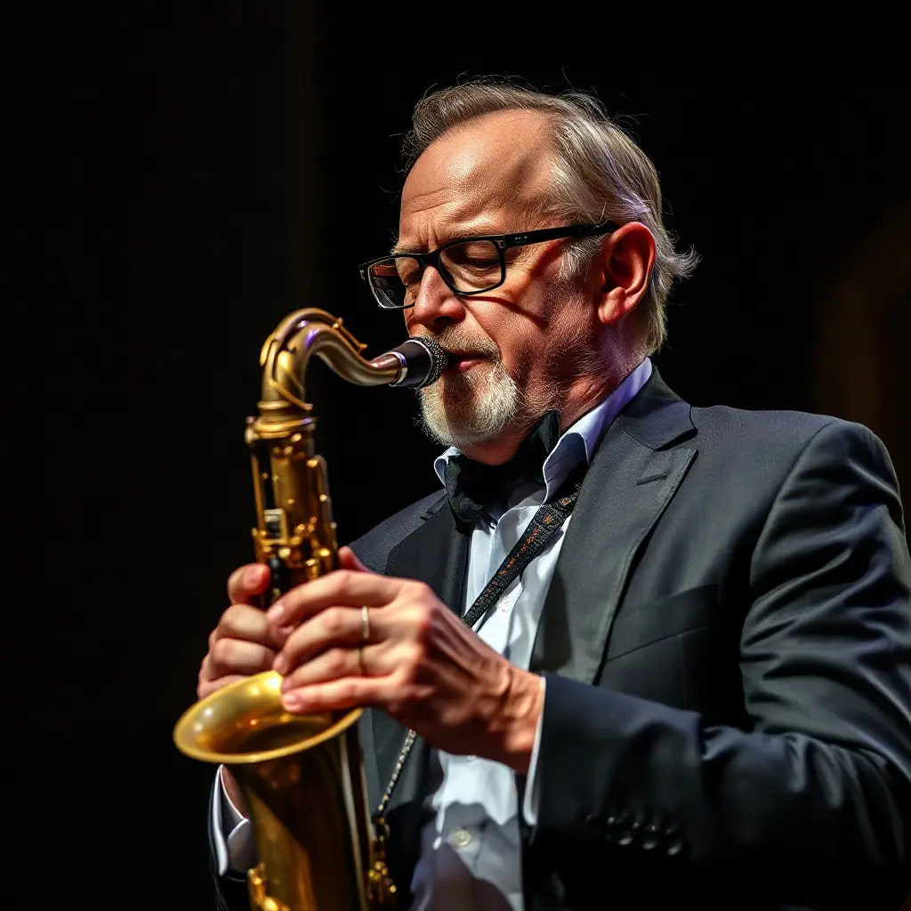 Felix Slováček hraje na saxofon na koncertním pódiu s big bandem