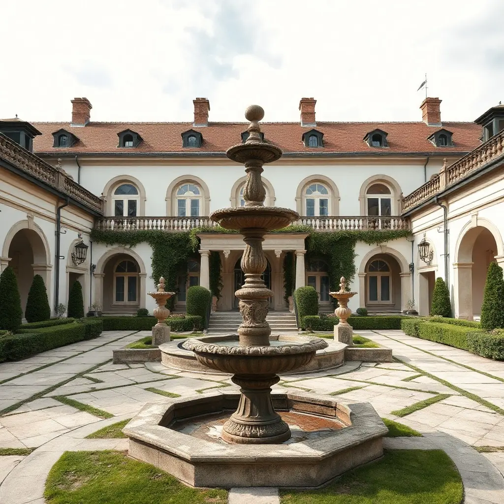 Francouzská zahrada ve versailleském stylu s partery a fontánou – pohled shora