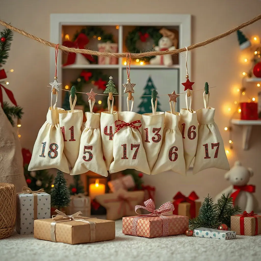 Hotový adventní kalendář pro děti z látkových sáčků zavěšených na jutové šňůře