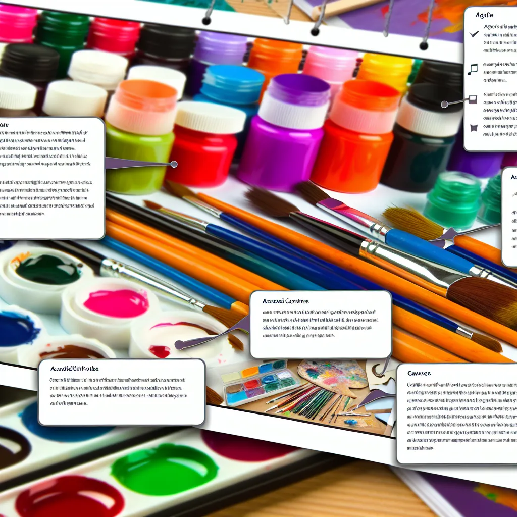 Inspirativní pracovní stůl umělce s rozloženými výtvarnými potřebami creative, barvami a štětci