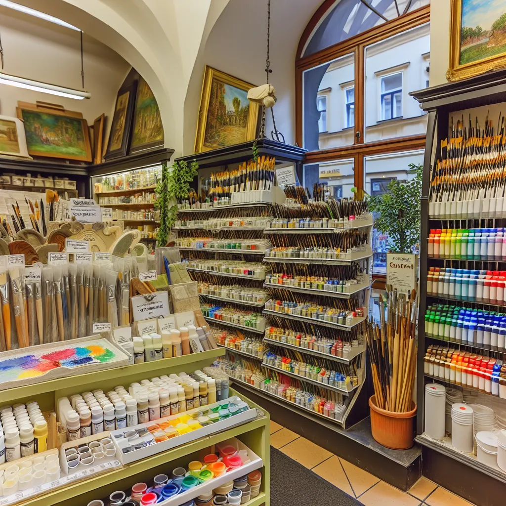 Interiér obchodu Altamira výtvarné potřeby Martinská s regály plnými barev