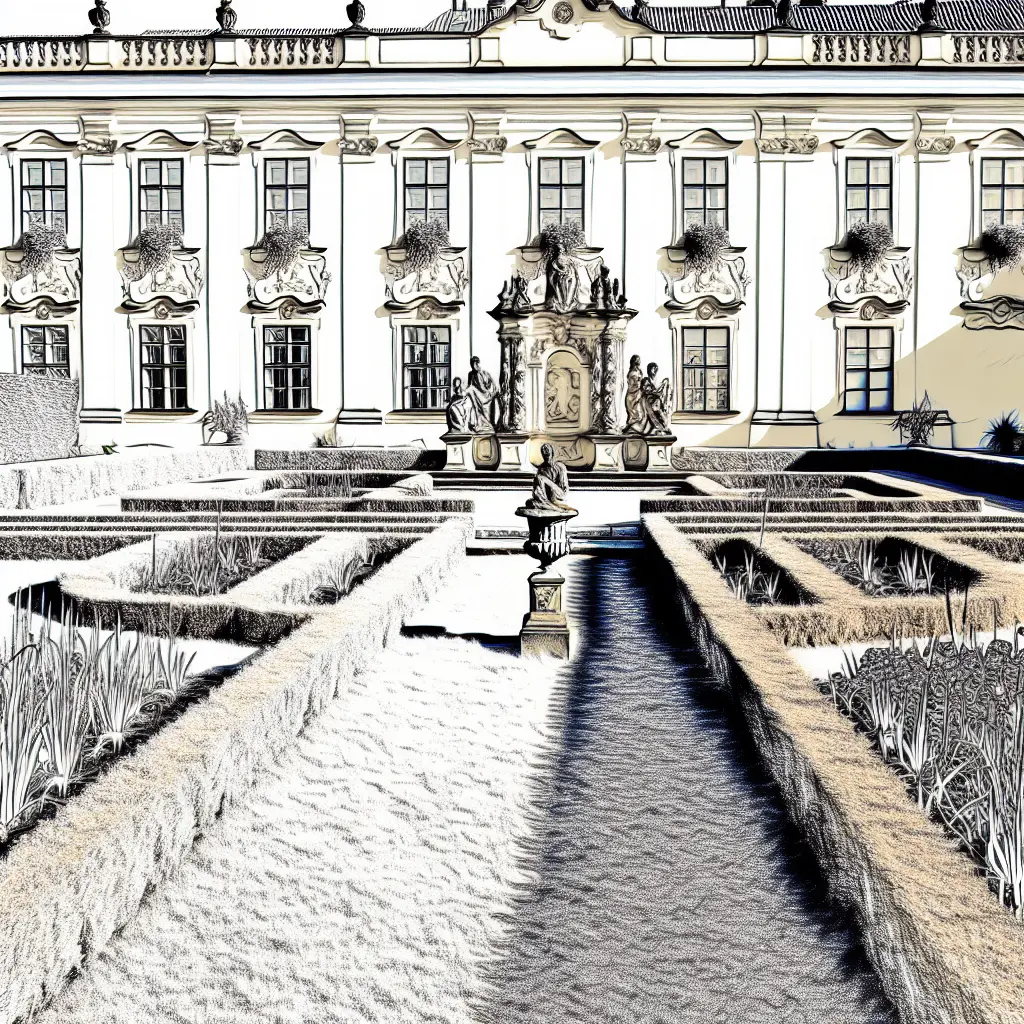 Majestátní letecký pohled na zahradu Strakovy akademie s barokními partery a geometrickými cestami.