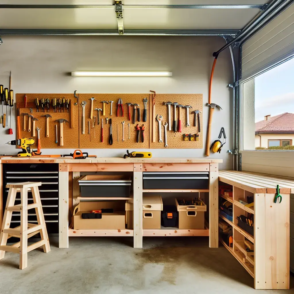 Masivní pracovní stůl (ponk) se svěrákem v domácí dílně