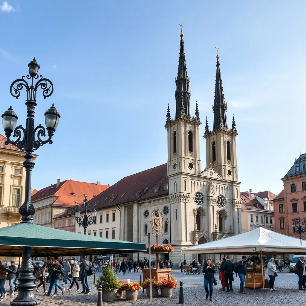 Náměstí Jiřího z Poděbrad Praha 3 – panoramatický pohled na náměstí s kostelem a farmářskými trhy