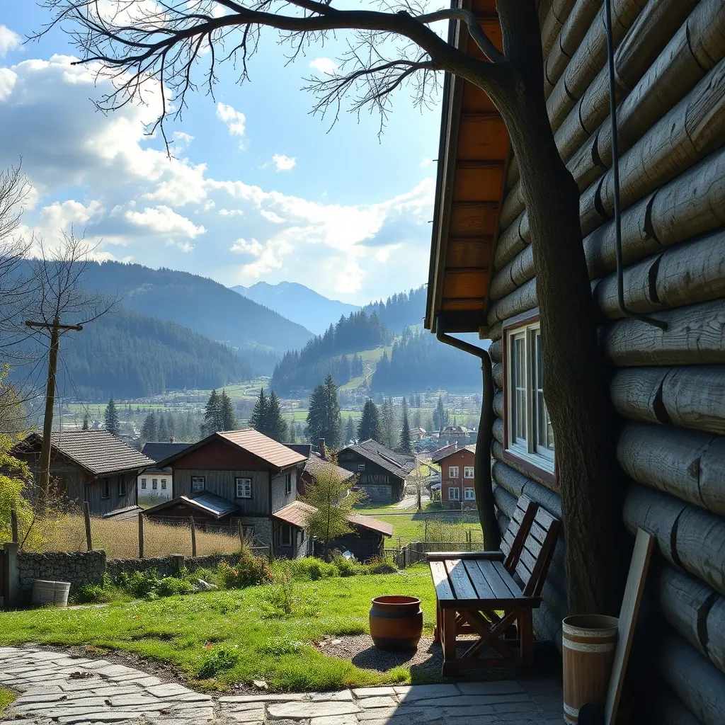 Panoramatický pohled na Havířov s typickými panelovými domy a zahradou, kde kutila natírá dřevěnou pergolu