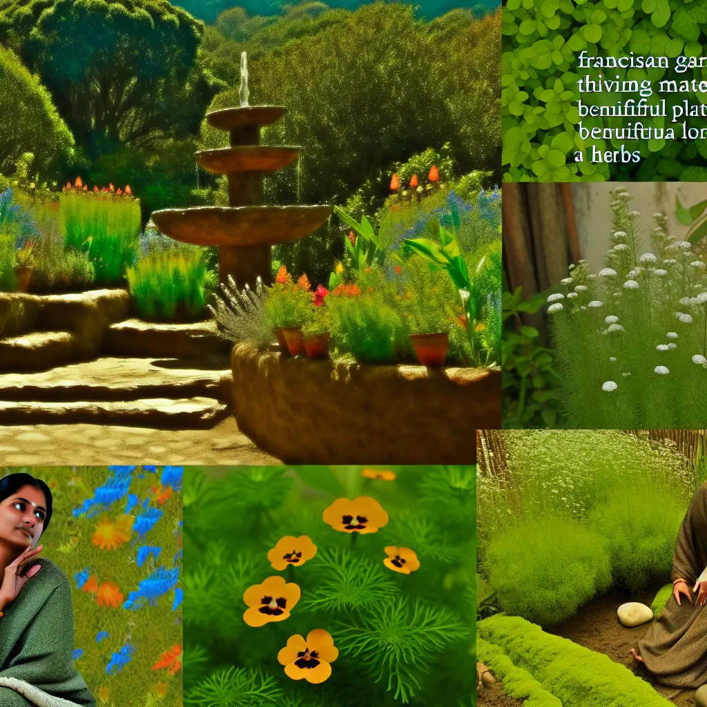 Panoramatický pohled na klidnou františkánskou zahradu s cestičkami a bylinkami.