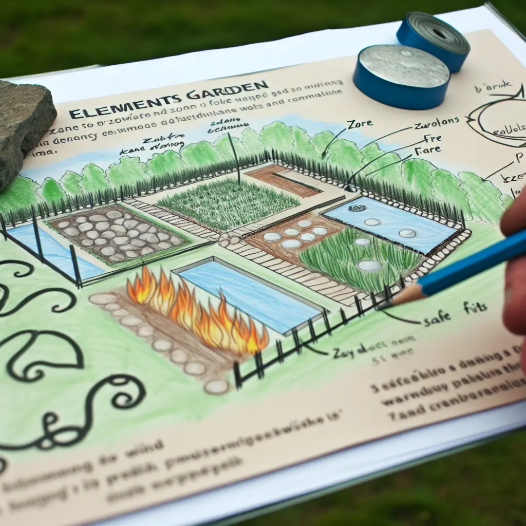 Plánování zahrady živlů s náčrtem a analýzou prostoru.