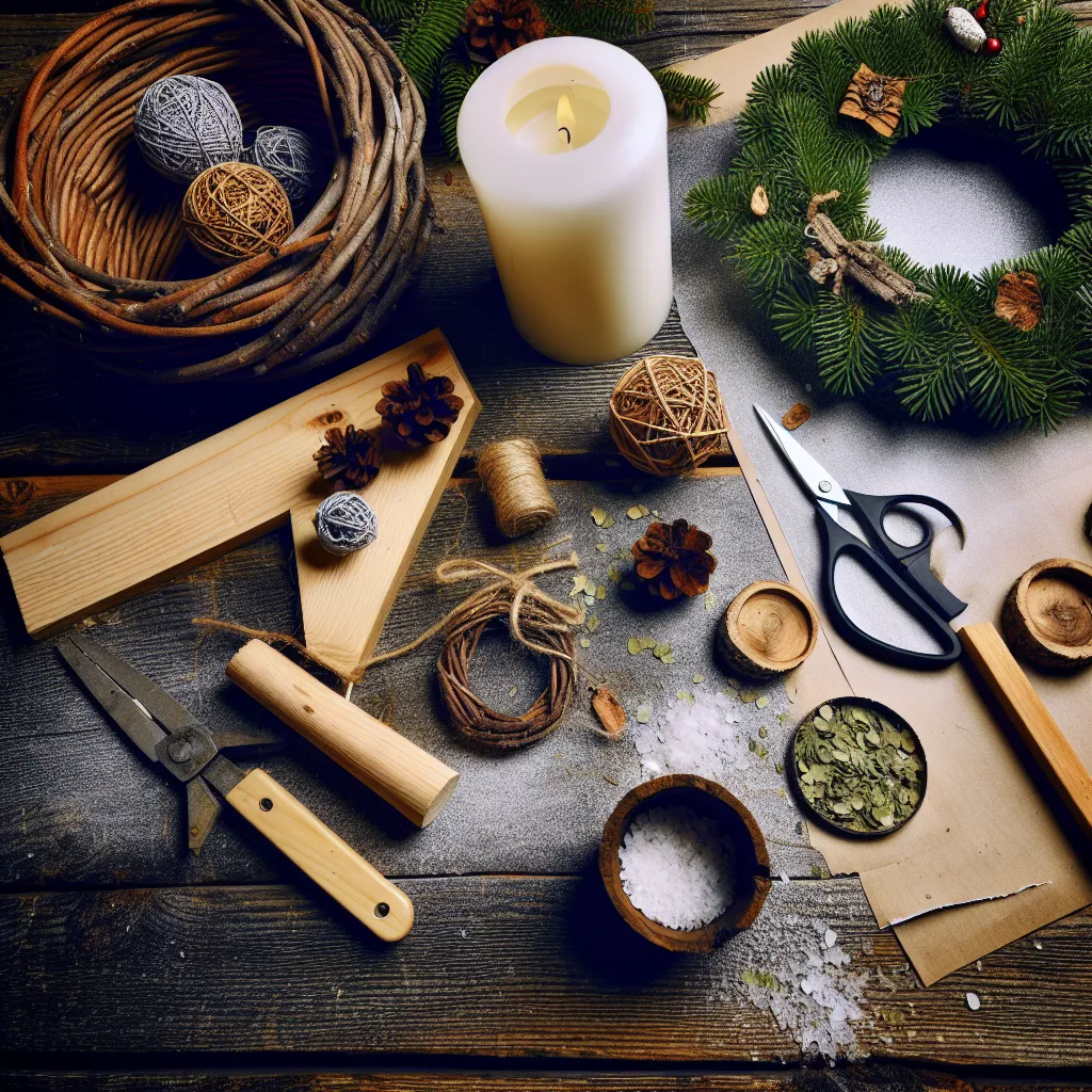 Příprava materiálu a nástrojů pro vánoční tvoření návody na dřevěném stole