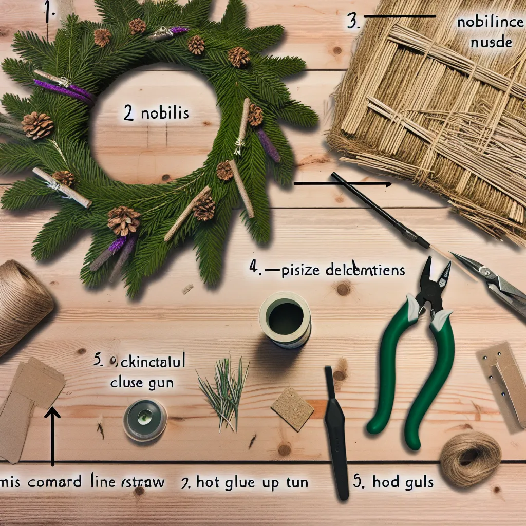 Pracovní stůl s materiály pro výrobu vánočních dekorací, chvojí a tavná pistole