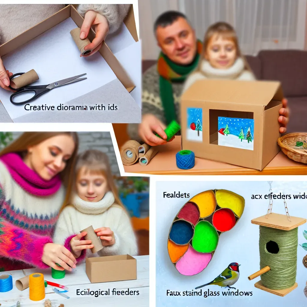 Rodina společně tvoří zimní dekorace u stolu v útulném obývacím pokoji