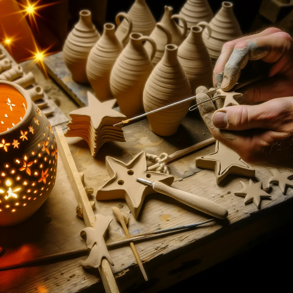 Rozpracovaná vánoční keramika na dřevěném stole s nástroji