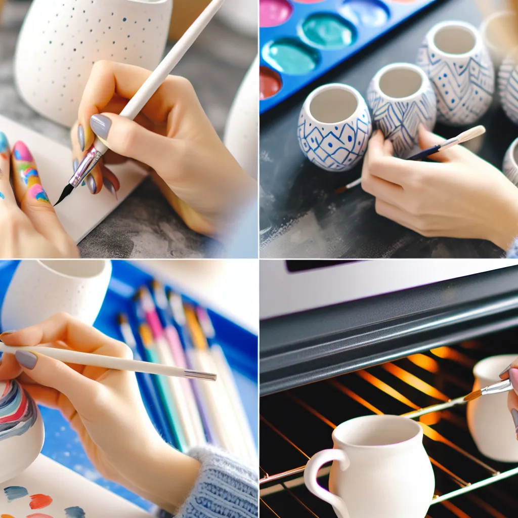 Ruce malující květinový vzor na bílý hrnek pomocí fixu na porcelán v domácí dílně.