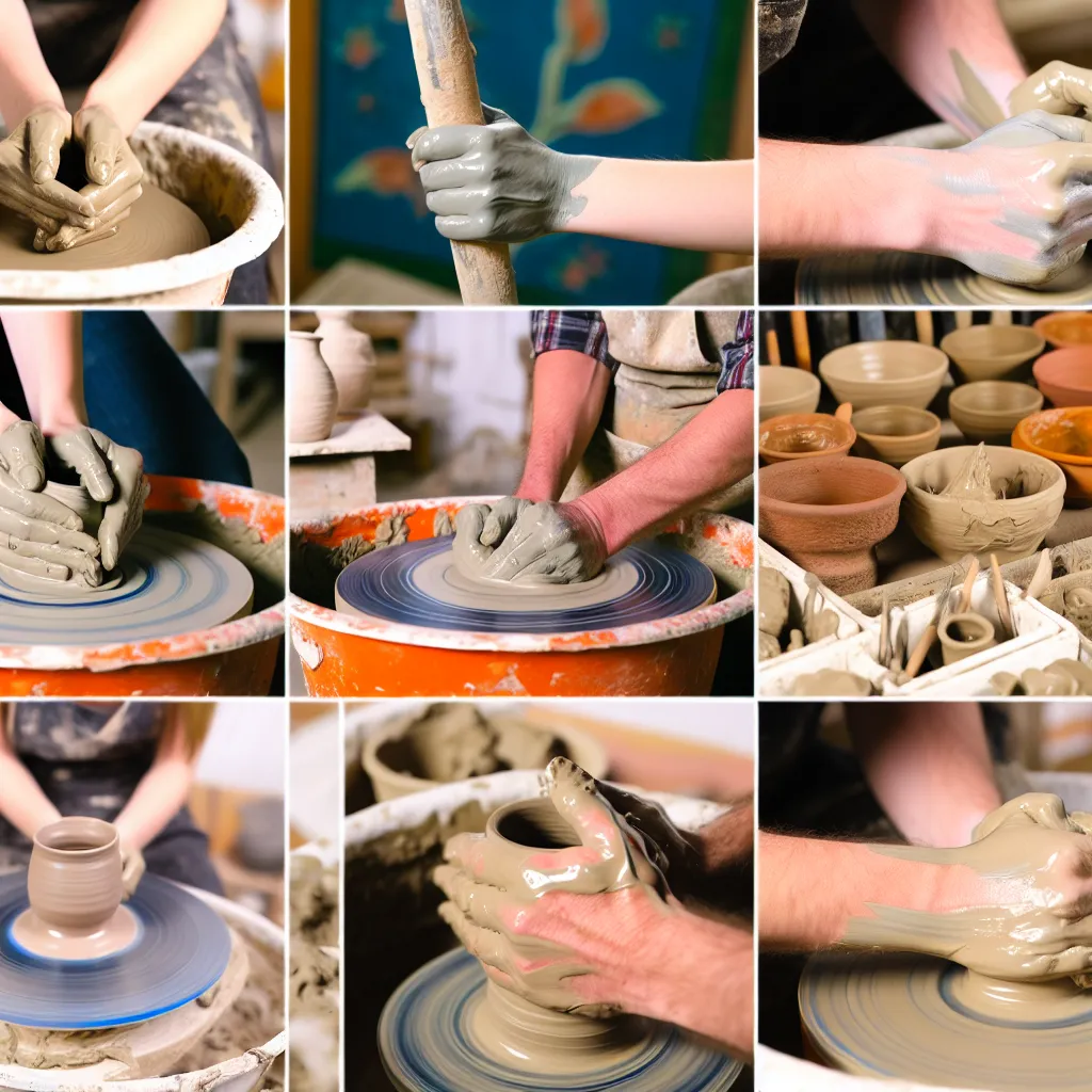 Ruce tvořící misku z mokré hlíny na točícím se hrnčířském kruhu v keramické dílně