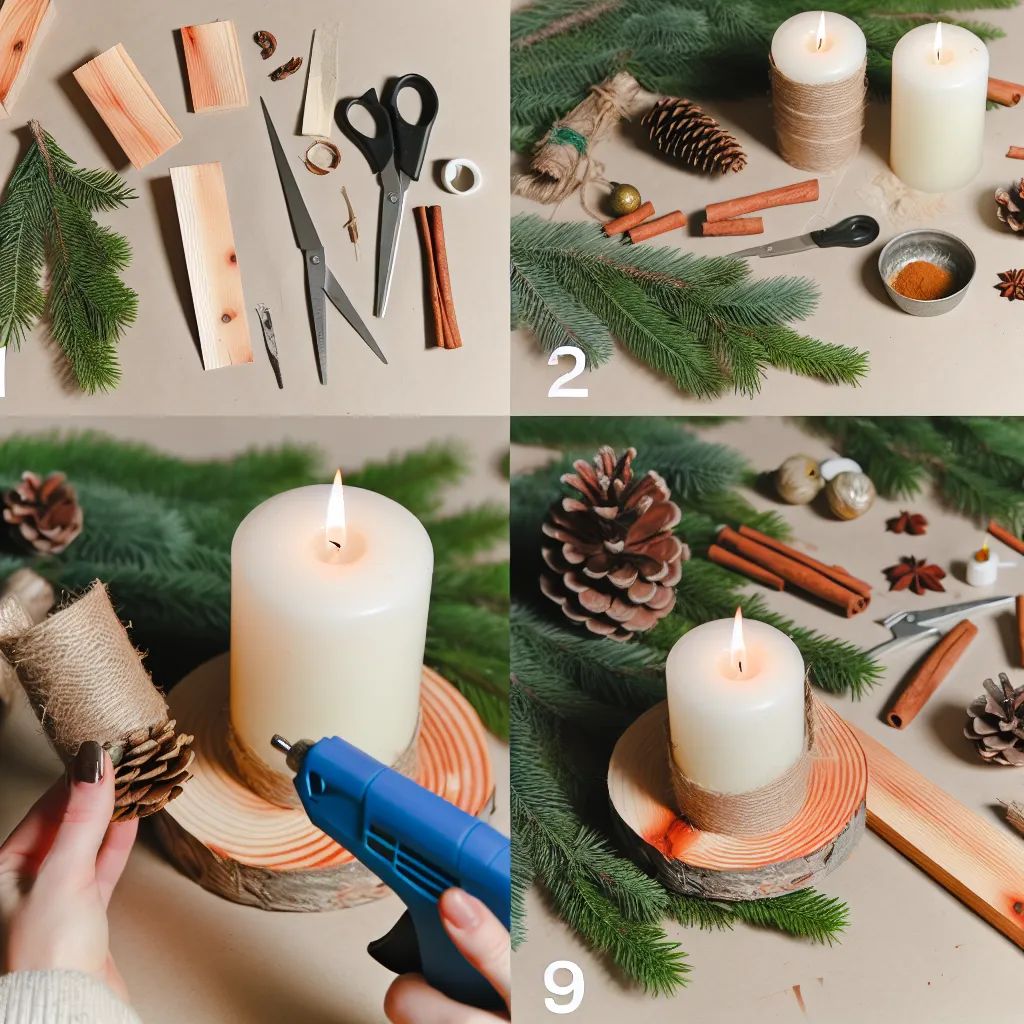 Stůl připravený na vánoční tvoření s materiály jako chvojí, šišky a tavná pistole