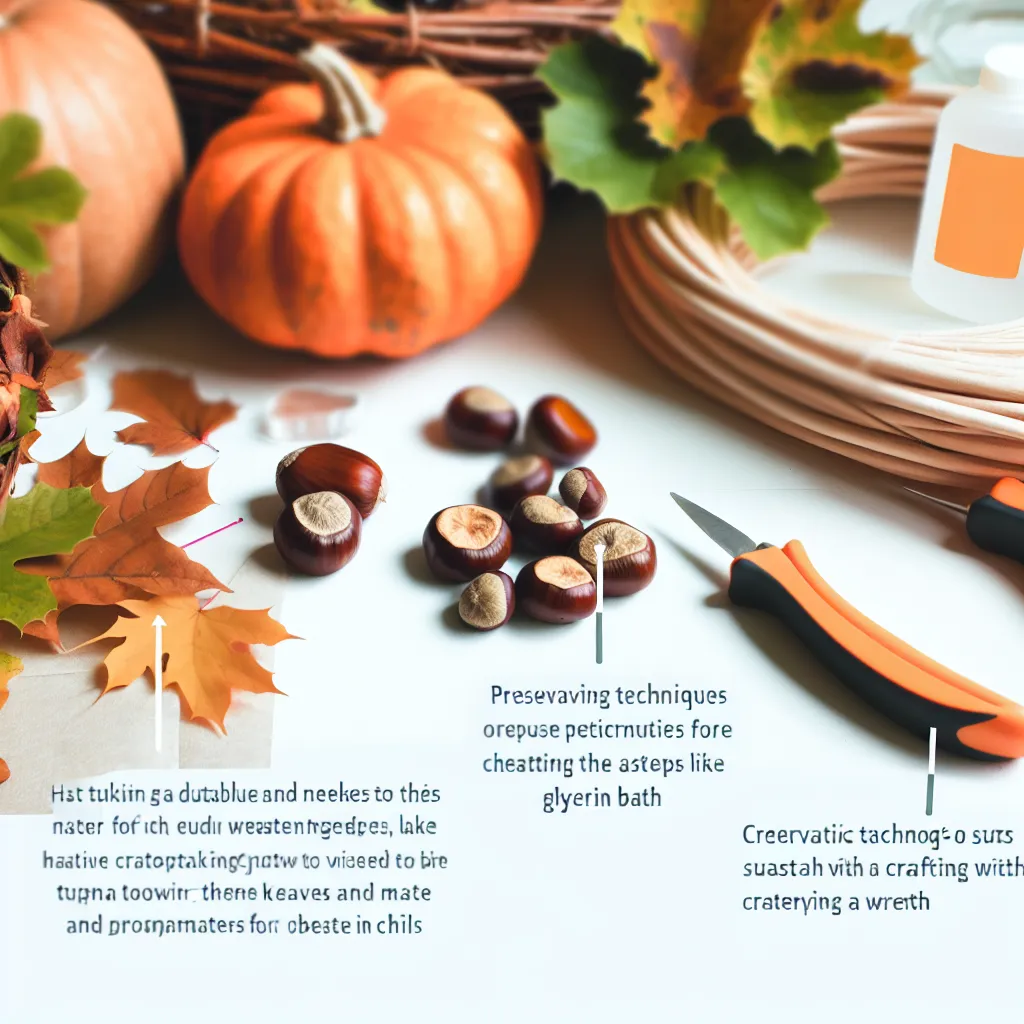 Stůl plný materiálu pro podzim vyrábění včetně dýní, kaštanů a tavné pistole