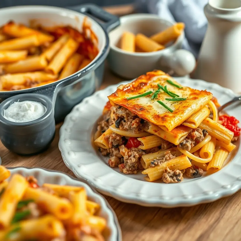 Suroviny na zapečené těstoviny – těstoviny, mleté maso, sýr, bešamel a rajčata