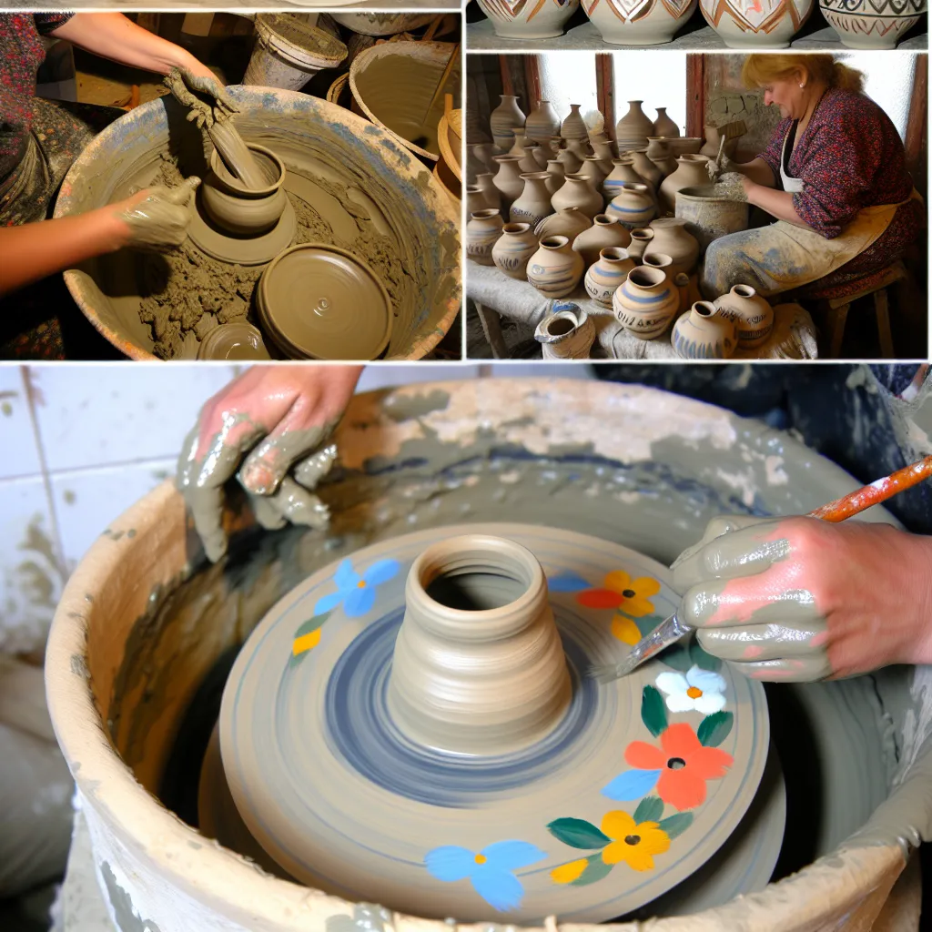 Tradiční jarošovská keramika s lidovými motivy na dřevěném stole