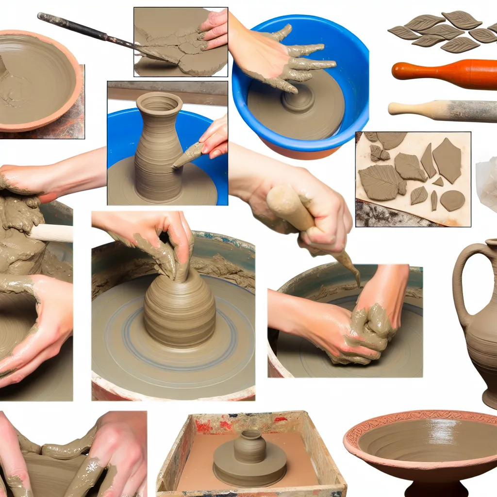 Základní nástroje pro práci s keramickou hlínou na dřevěném stole