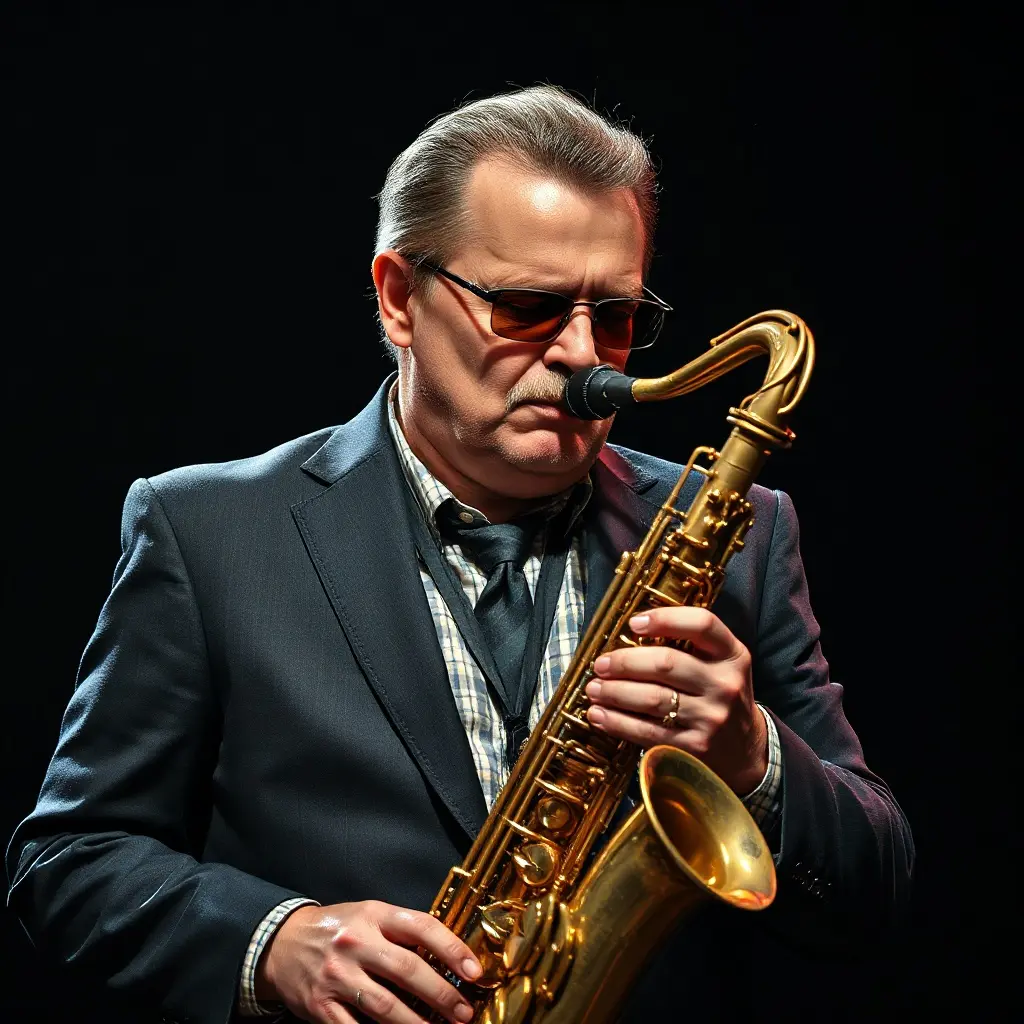 Zlatý saxofon na sametovém pouzdře s notami a dirigentskou taktovkou